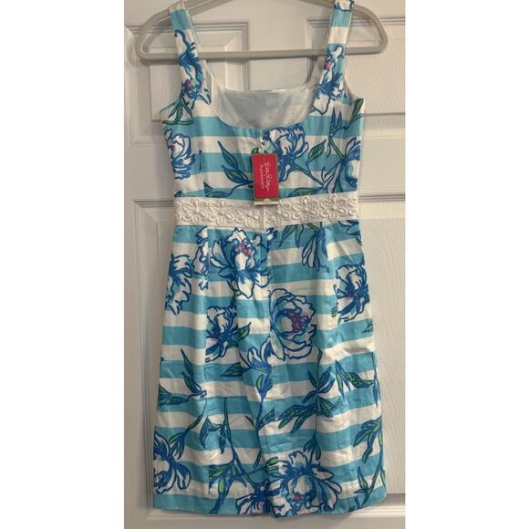 Lilly Pulitzer NWT Dress Sz 2 Serena Blue Tossing the Line Striped Floral Beaded - Picture 2 of 14